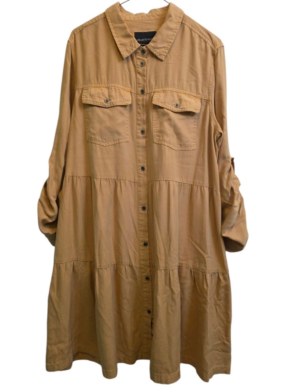 Velvet Heart Bree Tiered Button Front Babydoll Dress Pockets Ochre Yellow Sz L